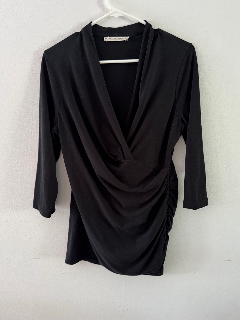 Peruvian Connection Black Draped V-Neck Blouse Sz L